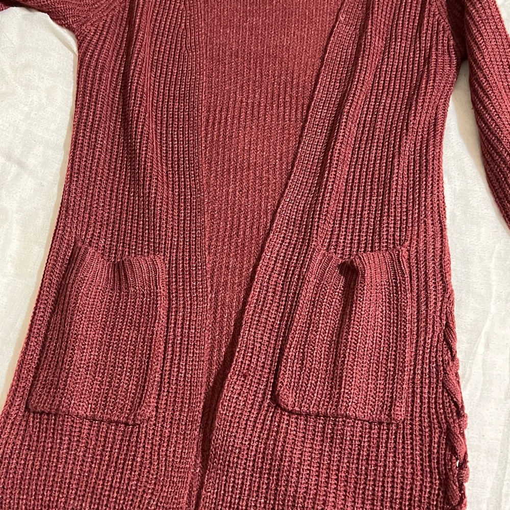 Derek Heart Open-Front Long Cardigan With Knotted Sides In Burgundy